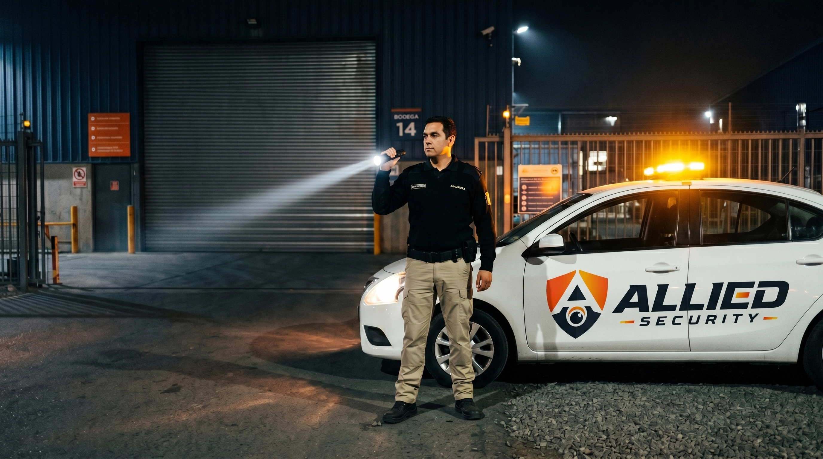 Supervisor nocturno de Allied Security controlando servicio en terreno
